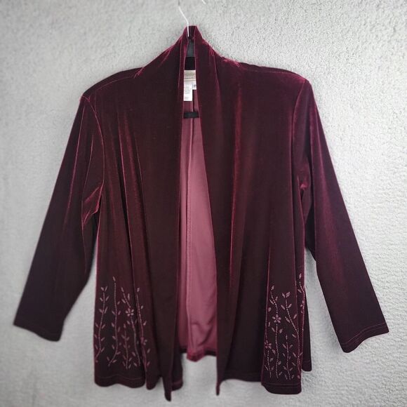 Coldwater Creek Velvet Embroidered Open Front Jacket Sweater Burgundy PM Stretch - Picture 12 of 15